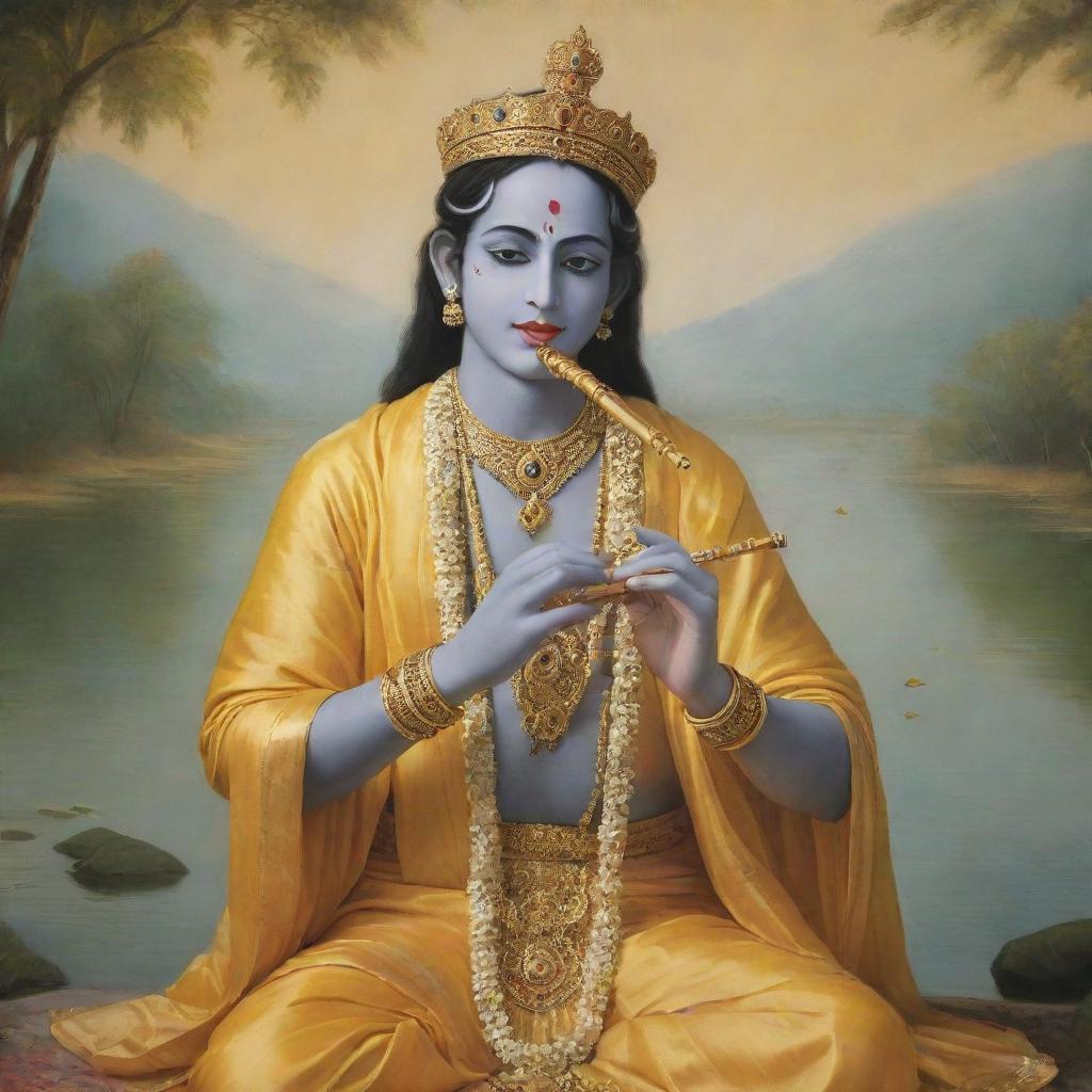 A serene portrayal of Lord Krishna, adorned in yellow silk, holding a flute, surrounded by a heavenly aura, set against a tranquil river backdrop.