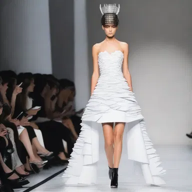 At the fashion show, the designer presented an avant-garde collection inspired by architectural elements, featuring a dress embellished with delicate house of cards designs.