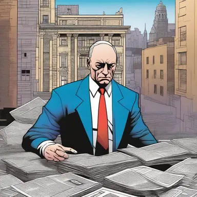 In this issue of the comic book, the superhero battles the villain who attempts to bring down the city's economy with an elaborate house of cards scheme.