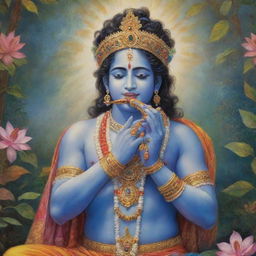 A highly detailed, colorful image of Krishna, a major deity in Hinduism, playing his iconic flute, surrounded by a serene and ethereal setting.