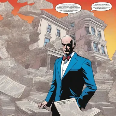 In this issue of the comic book, the superhero battles the villain who attempts to bring down the city's economy with an elaborate house of cards scheme.