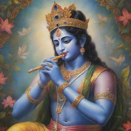 A highly detailed, colorful image of Krishna, a major deity in Hinduism, playing his iconic flute, surrounded by a serene and ethereal setting.