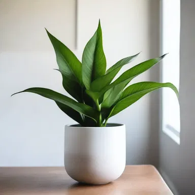 The modern minimalist interior design incorporates a beautiful tuckahoe plant in a sleek pot, adding a touch of nature to the contemporary space.