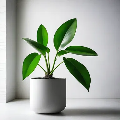 The modern minimalist interior design incorporates a beautiful tuckahoe plant in a sleek pot, adding a touch of nature to the contemporary space.