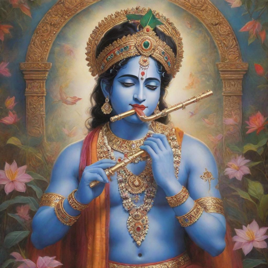 A highly detailed, colorful image of Krishna, a major deity in Hinduism, playing his iconic flute, surrounded by a serene and ethereal setting.