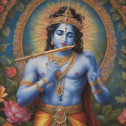 A highly detailed, colorful image of Krishna, a major deity in Hinduism, playing his iconic flute, surrounded by a serene and ethereal setting.