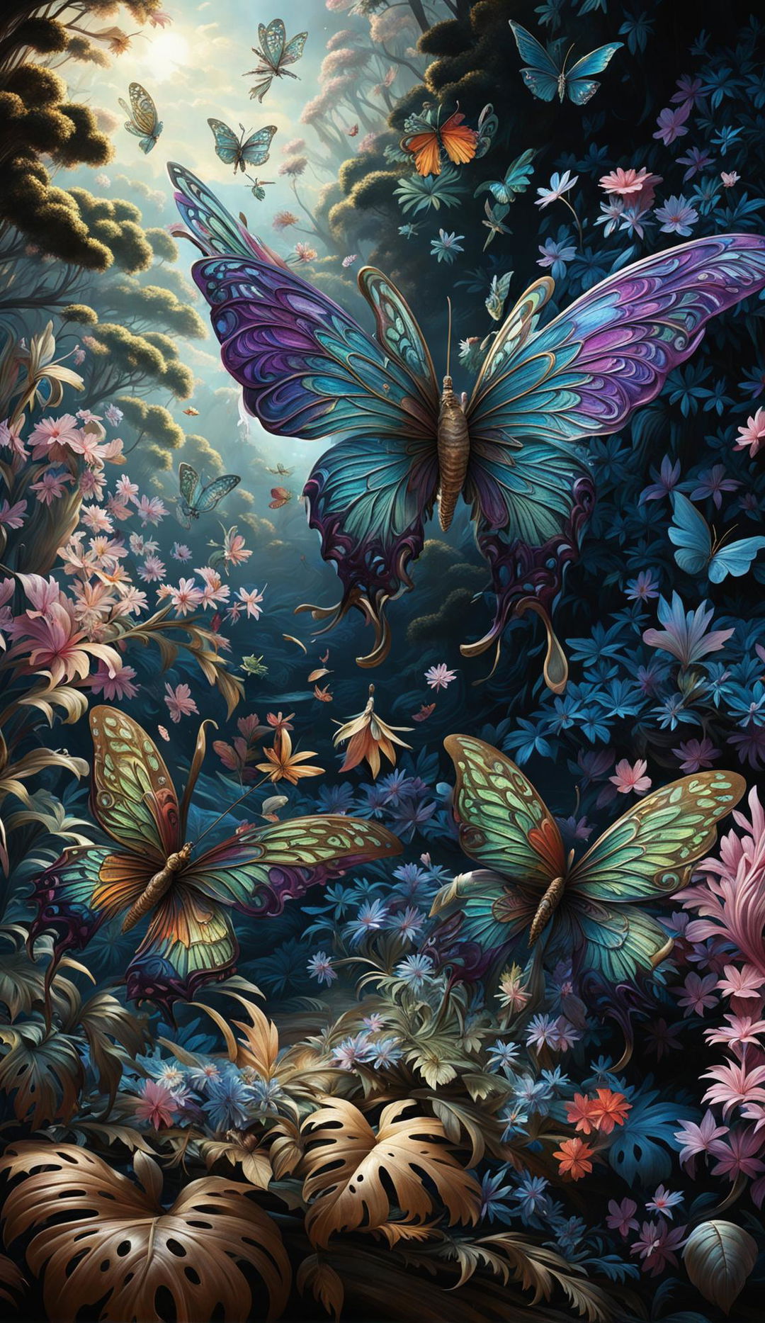 Hyper-realistic 3D rococo butterflies fluttering in a mythical forest filled with vibrant colours, delicate flowers and happy vibes.