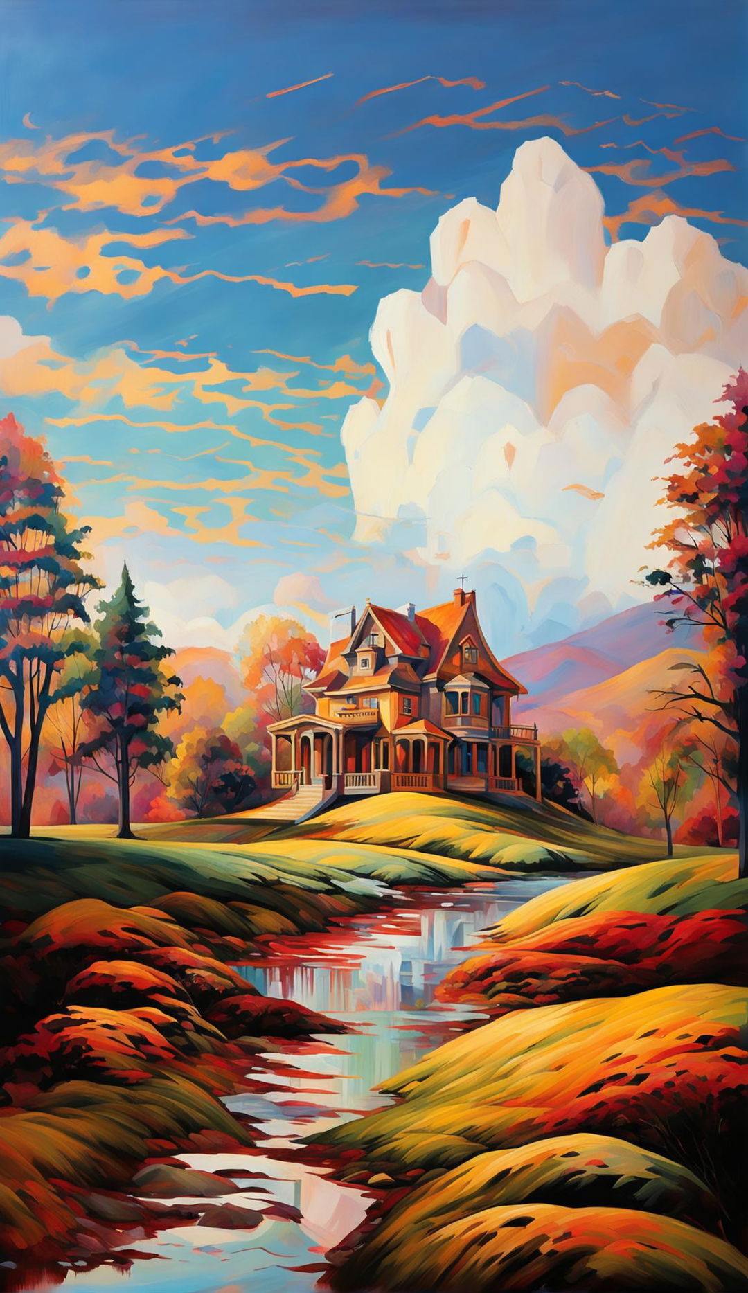 Impressionist painting featuring a grand architectural home in a vibrant autumn meadow.