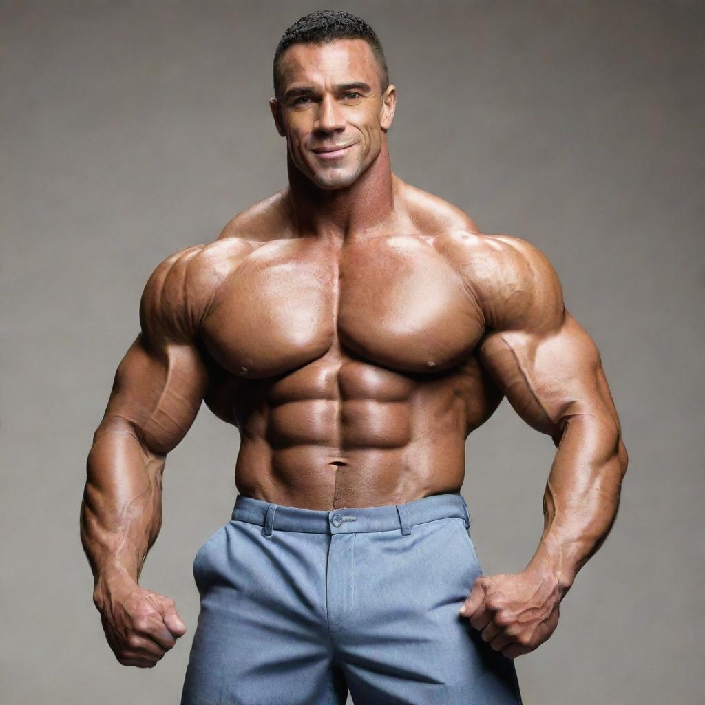 A smartly dressed professional bodybuilder flexing his muscles confidently