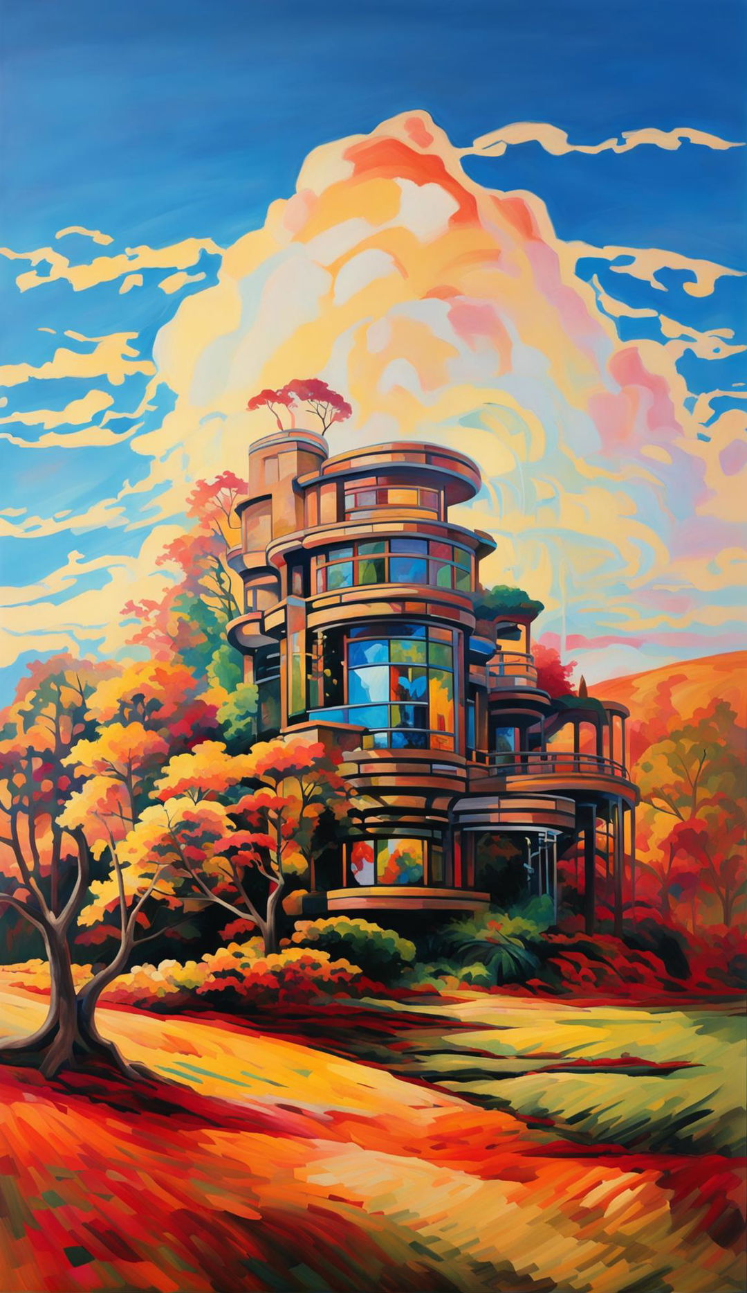 Impressionist painting of a Falling Water-inspired house by Frank Lloyd Wright in an autumn meadow.