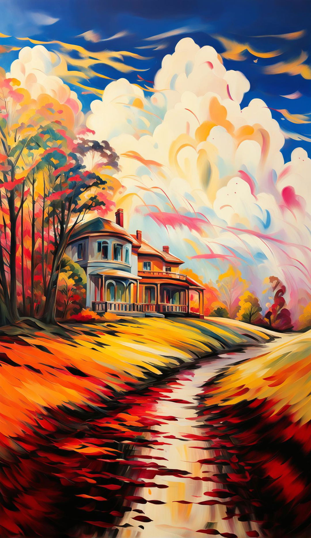 Impressionist painting of an architectural home in an autumn meadow with large, blurry brush strokes.