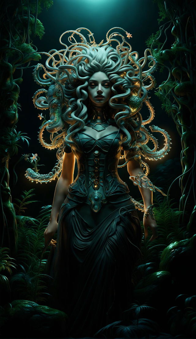 A 3D Rococo-cyberpunk Medusa stands in a mystical forest, her metallic snake hair glowing under dappled sunlight. She wears an LED-fringed gown adorned with gold filigree and circuitry. The forest is alive with blooming, glowing flowers, creating a fantasy vibe.