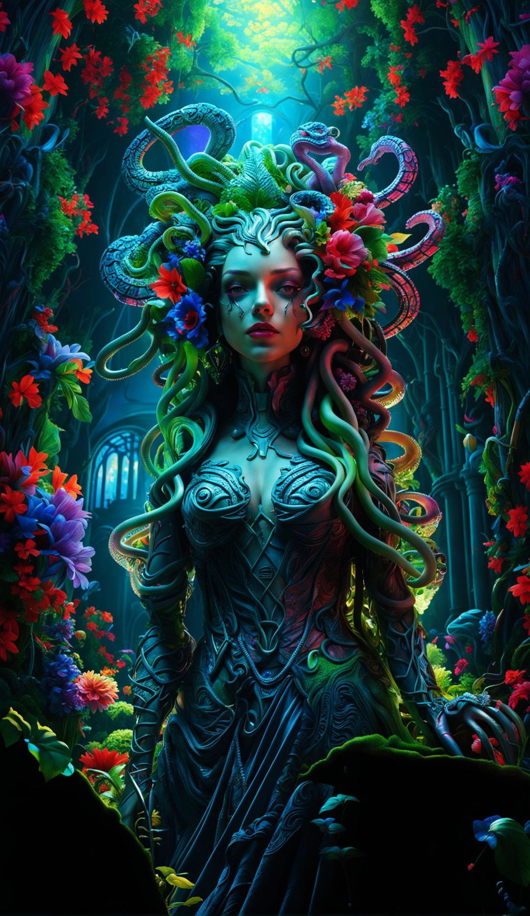 Hyper-realistic 3D Medusa in Rococo Cyberpunk style standing in a vibrant mystical forest with sunlight filtering through the trees.