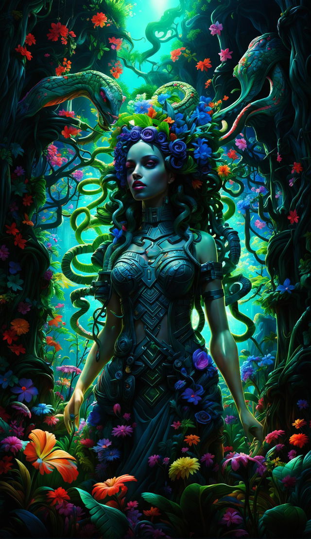 Hyper-realistic 3D Medusa in Rococo Cyberpunk style standing in a vibrant mystical forest with sunlight filtering through the trees.