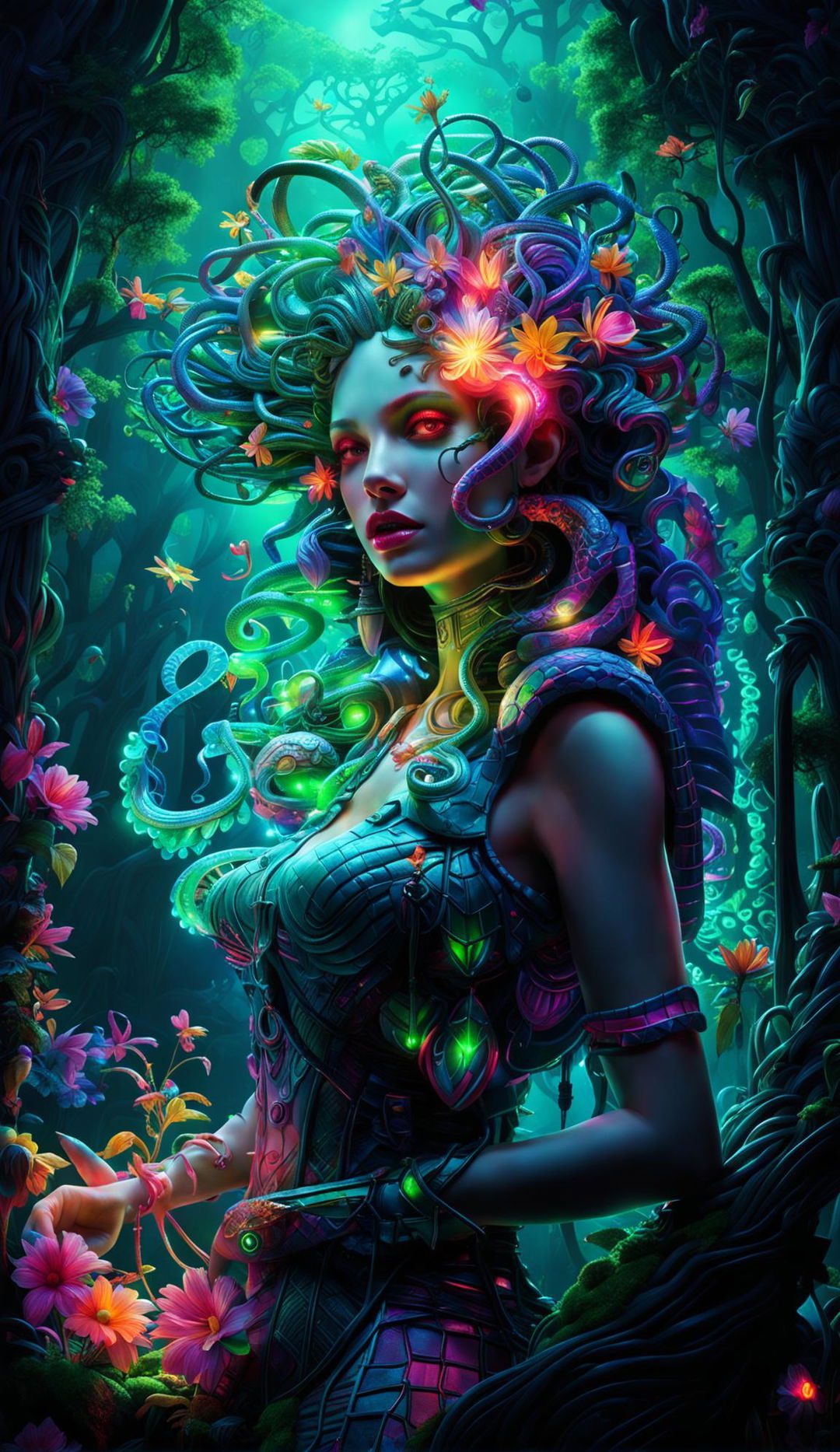 A 3D Rococo Cyberpunk Medusa stands in a mystical forest with light filtering through trees. She is surrounded by vibrant, bioluminescent flowers and ancient rune-etched trees. The image is filled with fantasy vibes and vibrant colours, creating a happy atmosphere.