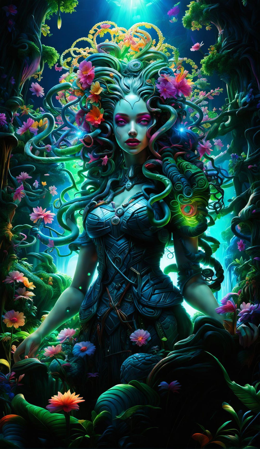 A 3D Rococo Cyberpunk Medusa stands in a mystical forest with light filtering through trees. She is surrounded by vibrant, bioluminescent flowers and ancient rune-etched trees. The image is filled with fantasy vibes and vibrant colours, creating a happy atmosphere.