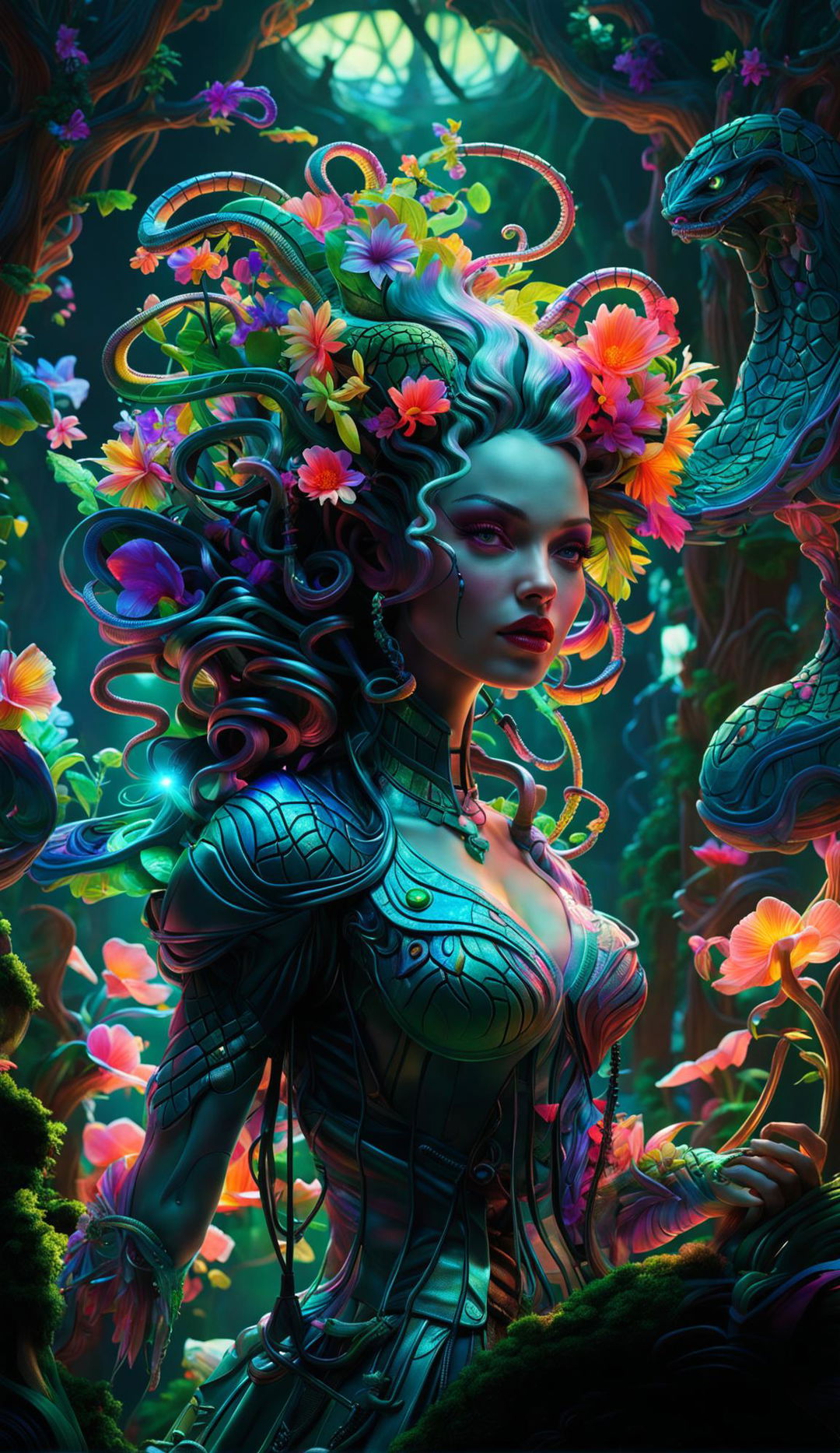 A 3D Rococo Cyberpunk Medusa stands in a mystical forest with light filtering through trees. She is surrounded by vibrant, bioluminescent flowers and ancient rune-etched trees. The image is filled with fantasy vibes and vibrant colours, creating a happy atmosphere.