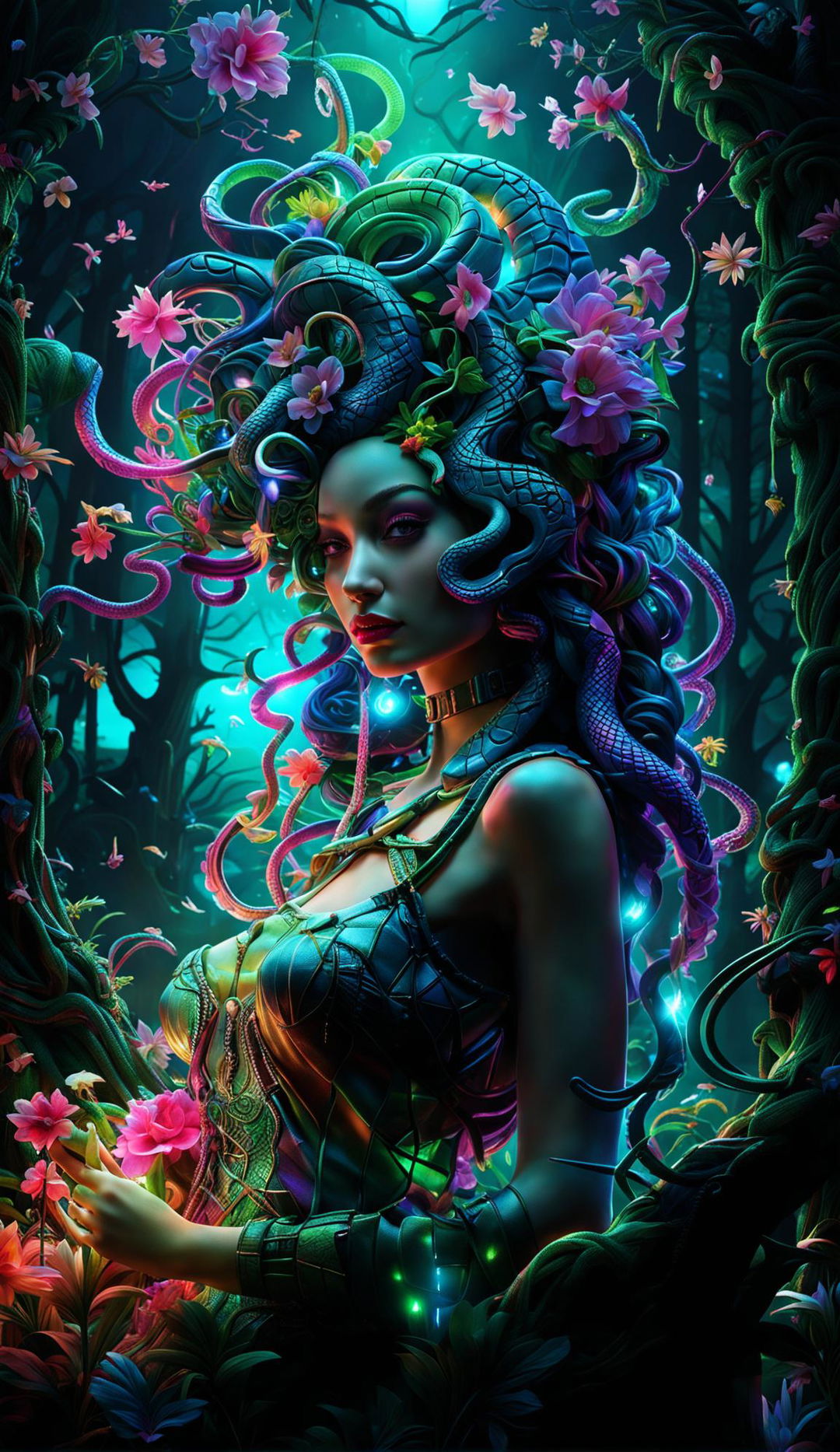 A 3D Rococo Cyberpunk Medusa stands in a mystical forest with light filtering through trees. She is surrounded by vibrant, bioluminescent flowers and ancient rune-etched trees. The image is filled with fantasy vibes and vibrant colours, creating a happy atmosphere.