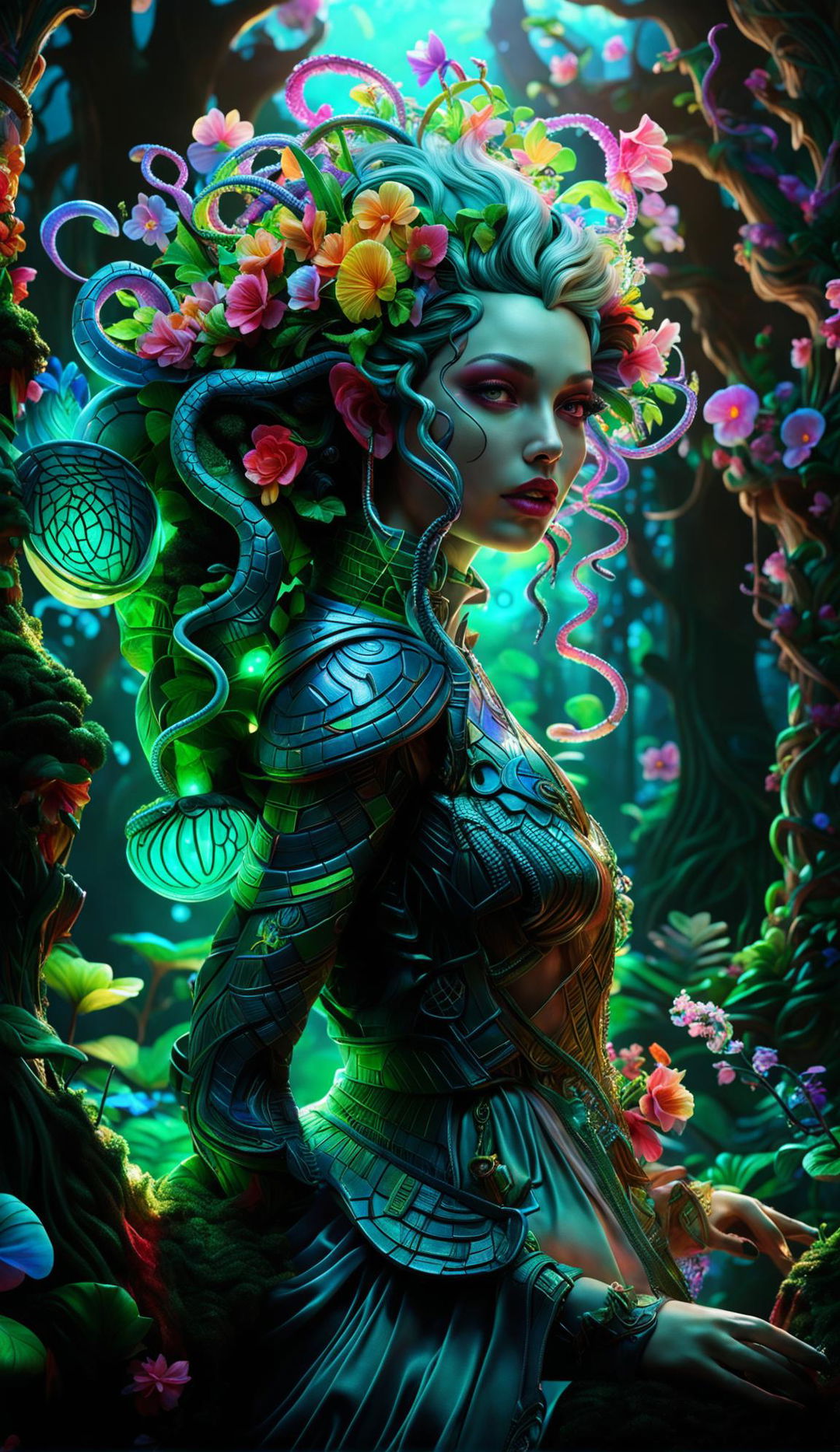 A 3D Rococo Cyberpunk Medusa stands in a mystical forest with light filtering through trees. She is surrounded by vibrant, bioluminescent flowers and ancient rune-etched trees. The image is filled with fantasy vibes and vibrant colours, creating a happy atmosphere.