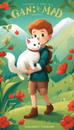 A detailed cartoon illustration of a young boy with his pet white cat in a lush green meadow