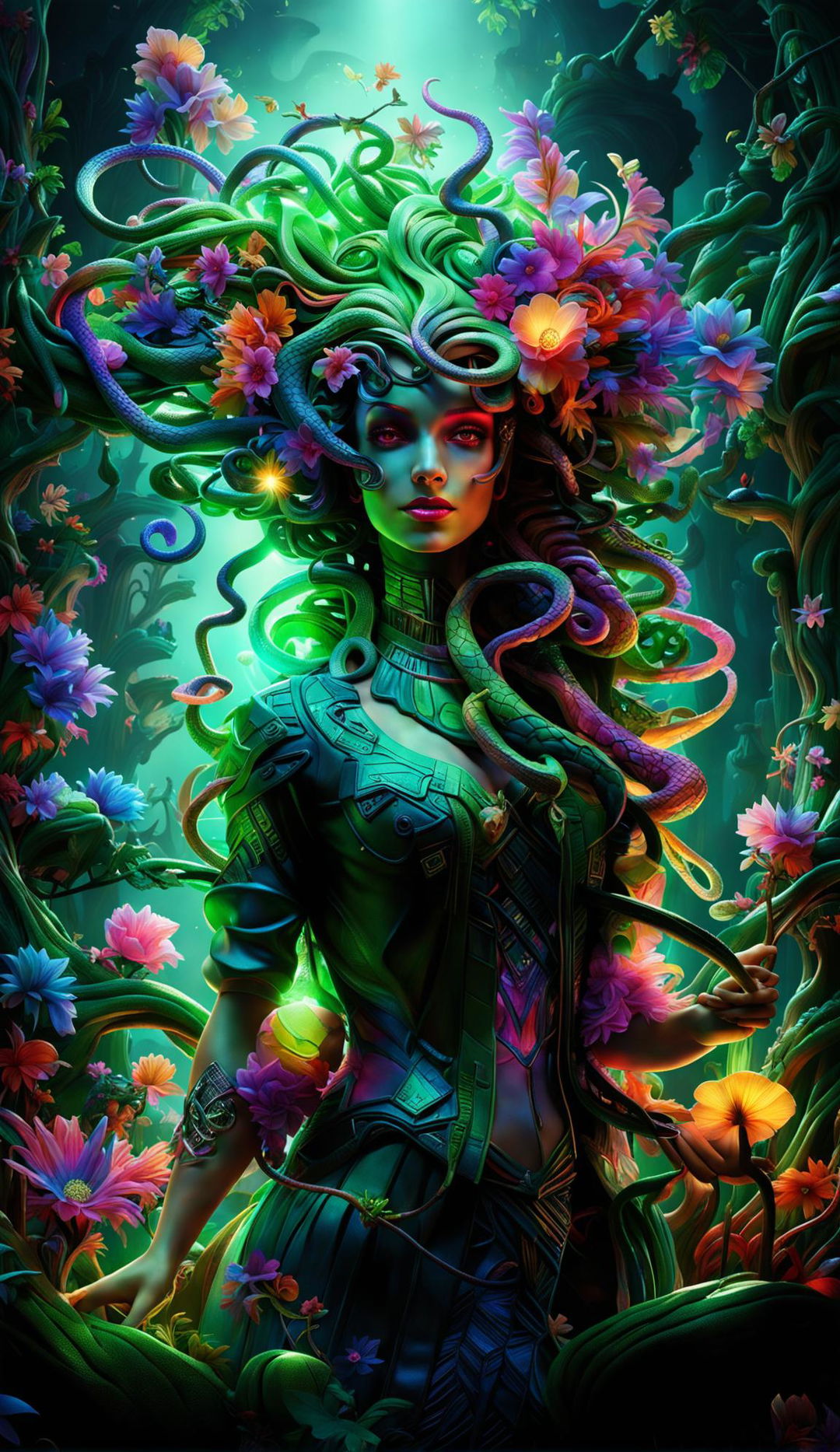 A 3D Rococo Cyberpunk Medusa stands in a mystical forest with light filtering through trees. She is surrounded by vibrant, bioluminescent flowers and ancient rune-etched trees. The image is filled with fantasy vibes and vibrant colours, creating a happy atmosphere.