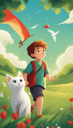 A detailed cartoon illustration of a young boy with his pet white cat in a lush green meadow