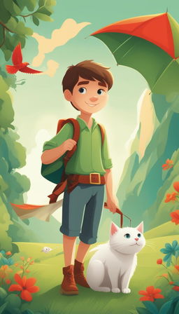 A detailed cartoon illustration of a young boy with his pet white cat in a lush green meadow