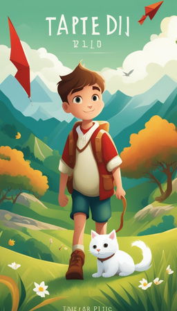 A detailed cartoon illustration of a young boy with his pet white cat in a lush green meadow