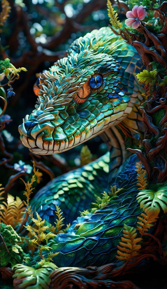 A hyper-realistic 3D rococo fantasy snake hybrid in a vibrant mythical forest filled with luminescent flowers and towering sapphire trees, radiating happiness and tranquility.