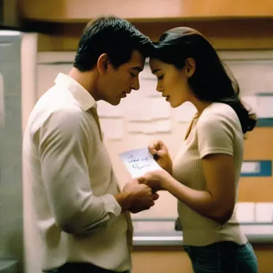In the romantic movie, the couple playfully hides love notes to each other inside the icebox.