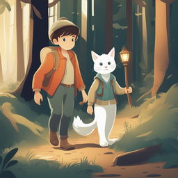 A detailed cartoon illustration of the same boy and his white cat, now in a mysterious forest, with the boy holding a lantern