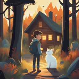 A detailed cartoon illustration of the same boy and his white cat, now in a mysterious forest, with the boy holding a lantern