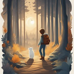 A detailed cartoon illustration of the same boy and his white cat, now in a mysterious forest, with the boy holding a lantern