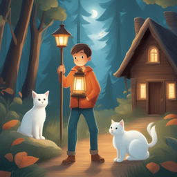 A detailed cartoon illustration of the same boy and his white cat, now in a mysterious forest, with the boy holding a lantern