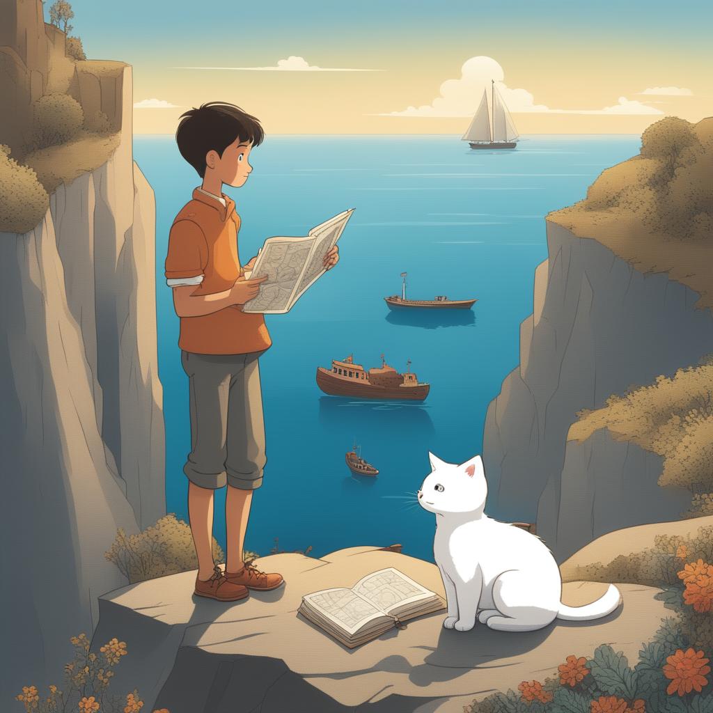 A detailed cartoon illustration of the same boy and his white cat, now standing at the edge of a cliff overlooking an ocean, with the boy holding a map