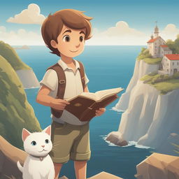 A detailed cartoon illustration of the same boy and his white cat, now standing at the edge of a cliff overlooking an ocean, with the boy holding a map