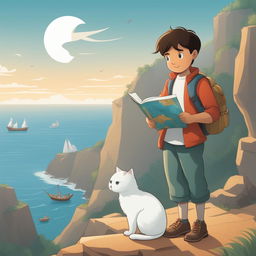 A detailed cartoon illustration of the same boy and his white cat, now standing at the edge of a cliff overlooking an ocean, with the boy holding a map