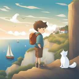 A detailed cartoon illustration of the same boy and his white cat, now standing at the edge of a cliff overlooking an ocean, with the boy holding a map