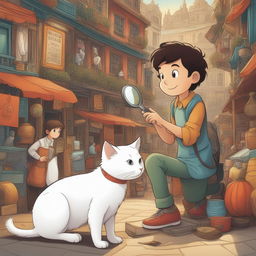 A detailed cartoon illustration of the same boy and his white cat, now in a bustling marketplace, with the boy holding a magnifying glass