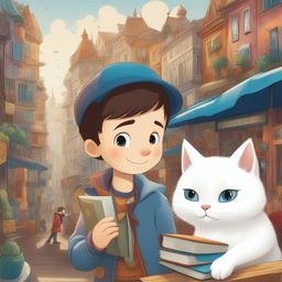 A detailed cartoon illustration of the same boy and his white cat, now in a bustling marketplace, with the boy holding a magnifying glass