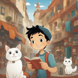 A detailed cartoon illustration of the same boy and his white cat, now in a bustling marketplace, with the boy holding a magnifying glass