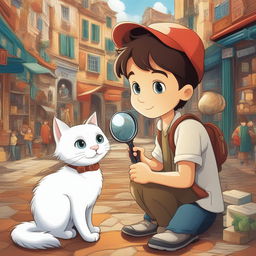 A detailed cartoon illustration of the same boy and his white cat, now in a bustling marketplace, with the boy holding a magnifying glass