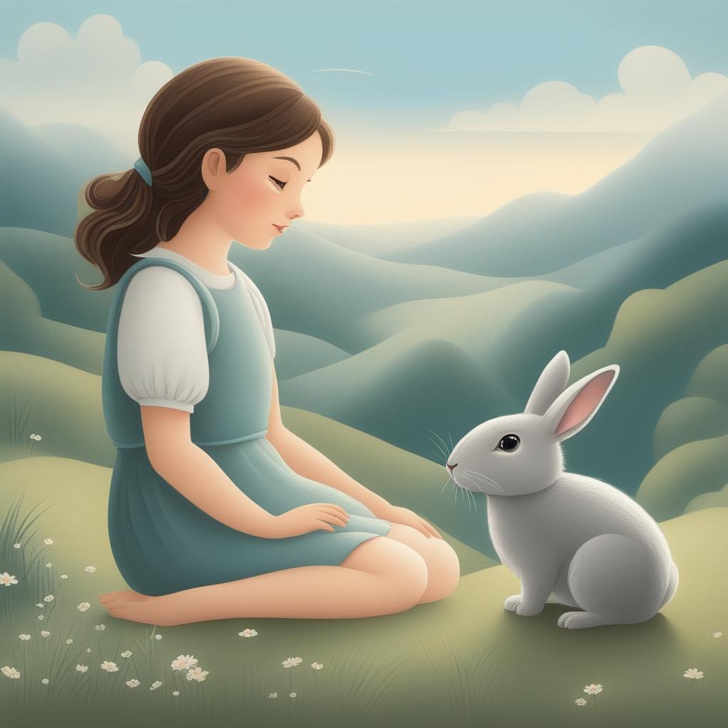 A detailed cartoon illustration of a young girl with a pet grey bunny set in a beautiful, serene scenery