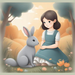 A detailed cartoon illustration of a young girl with a pet grey bunny set in a beautiful, serene scenery