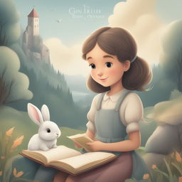 A detailed cartoon illustration of a young girl with a pet grey bunny set in a beautiful, serene scenery