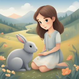 A detailed cartoon illustration of a young girl with a pet grey bunny set in a beautiful, serene scenery