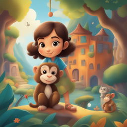 A detailed cartoon illustration featuring a girl and her pet monkey in a vibrant, storybook-inspired landscape