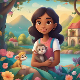 A detailed cartoon illustration featuring a girl and her pet monkey in a vibrant, storybook-inspired landscape