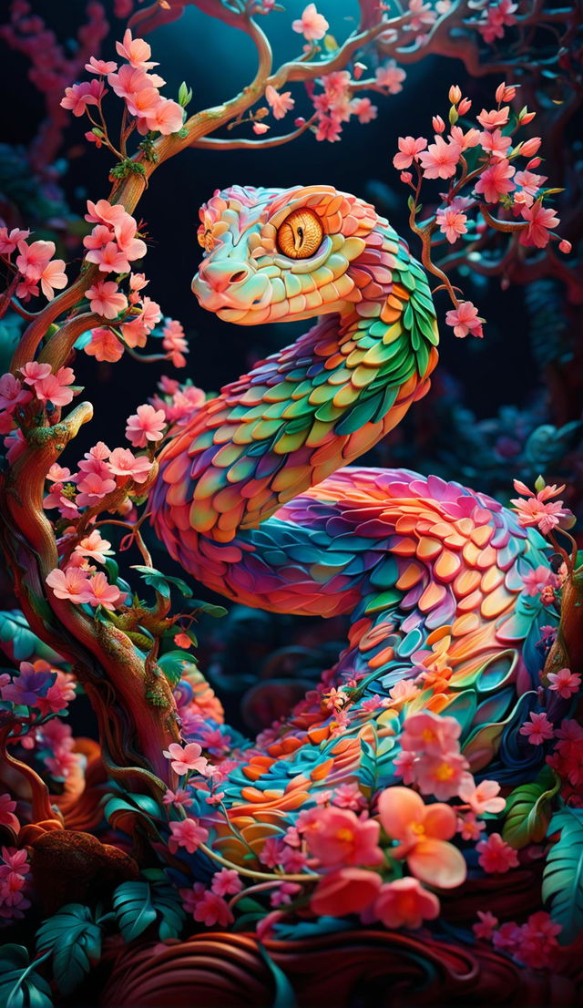 A hyper-realistic 3D Rococo-inspired snake in a vibrant, mythical forest filled with bioluminescent flowers and towering trees. The snake is coiled around a flowering tree, its scales reflecting the colours of the blossoms. The image exudes a sense of joy and tranquillity.