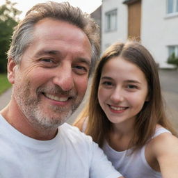 A warm, spontaneous scene of a man and a girl, probably father and daughter, taking a selfie. The girl is looking lovingly at the man's face, capturing a genuinely candid moment.